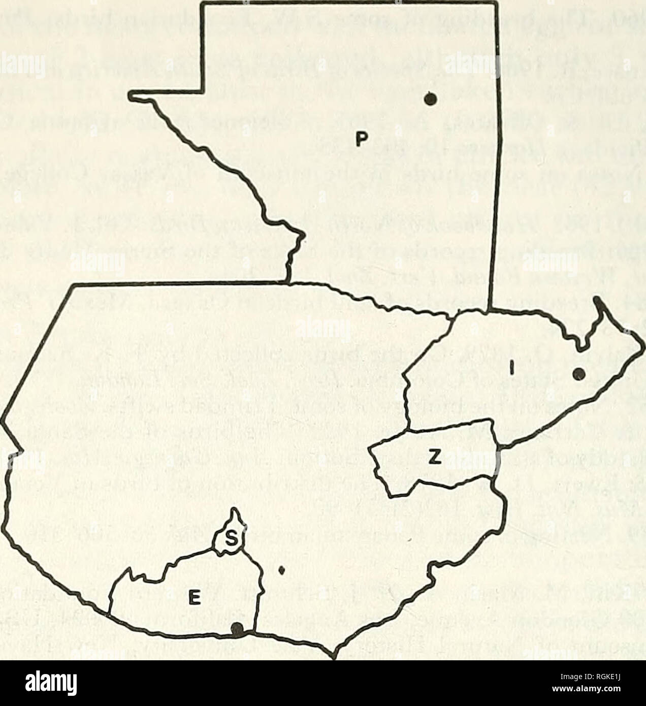 . Bulletin der British Ornithologists' Club. Vögel. S. W. Wemlvlken&amp; R. F. Mart,,, 32 Bull. B.O.C. 1989 109 (1). Abbildung 1. Übersichtskarte von Guatemala. E=Dpto. Escuintla; I=Dpto. Izabal; P=Dpto. Peten; S=Dpto. Sacatepequez; Z=Dpto. Zacapa. Durch Punkte befinden: Tikal Nationalpark, Dpto. Peten; El Cimarron, Dpto. Izabal; und Puerto Iztapa, Dpto. Escuintla. 7 östlichste Datensätze für das Land von El Cimarron, Departement Izabal (Abb. 1). El Cimarron ist bei km 269 Der Weg zum Atlantik (Ruta al Atlantico), c 5 km von der Stadt Tenedores und C. 18 km SSW von Puerto BA Stockfoto