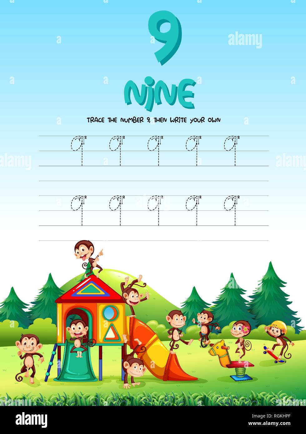 Nummer neun tracing Arbeitsblätter Abbildung Stock Vektor