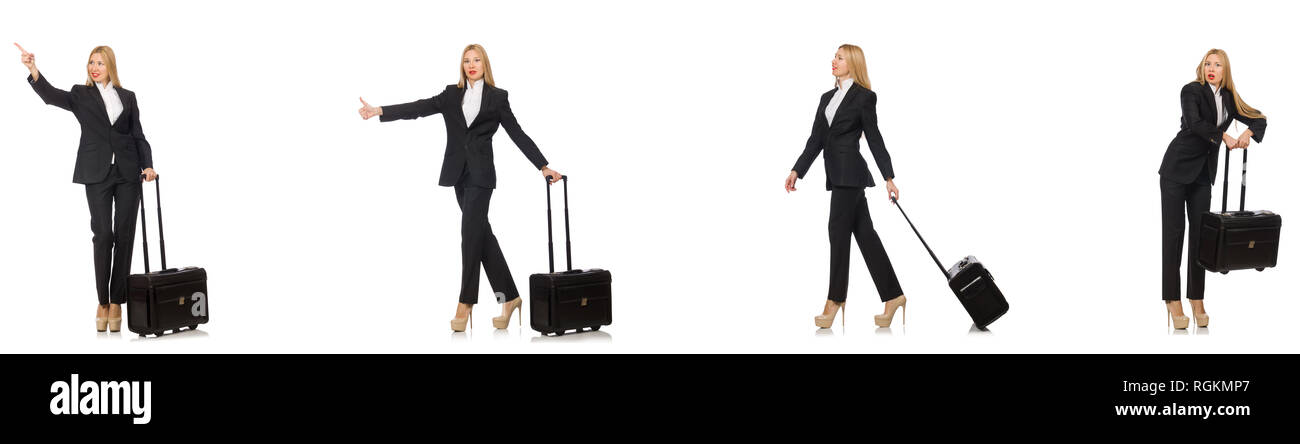 Geschäftsfrau mit Koffer isoliert auf weißem Stockfoto