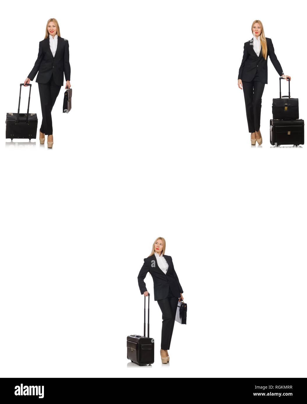 Geschäftsfrau mit Koffer isoliert auf weißem Stockfoto