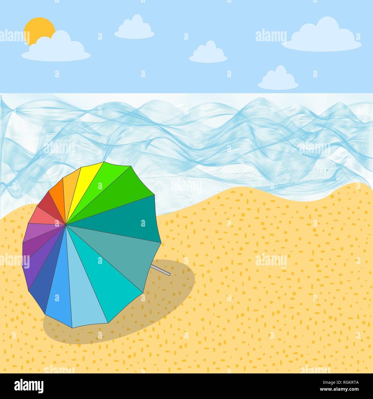 Bunte Sonnenschirme am Strand, regenbogen farbe der Regenschirm auf Sand Strand, Sommer. Vector Illustration, EPS 10. Stock Vektor