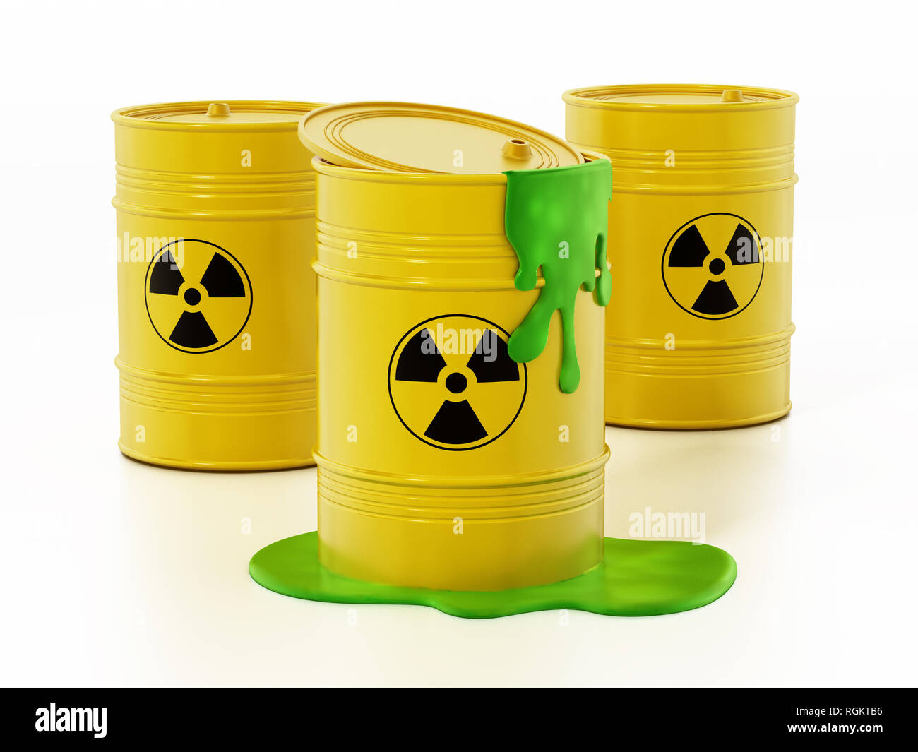 Giftige Fässer mit einem Leckenden grüne Substanz. 3D-Darstellung. Stockfoto