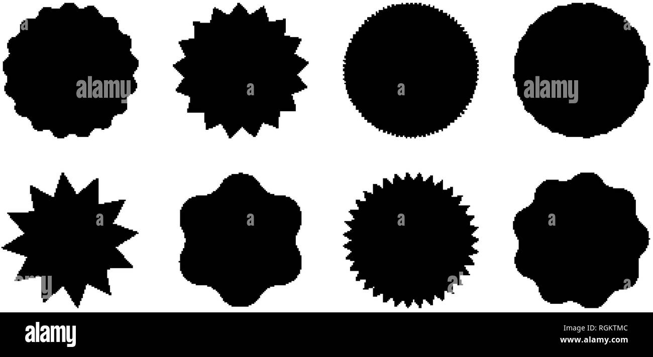 Schwarze runde Verkauf Tags mit Spitzen. Einfach Sonne Symbole gesetzt Stock Vektor