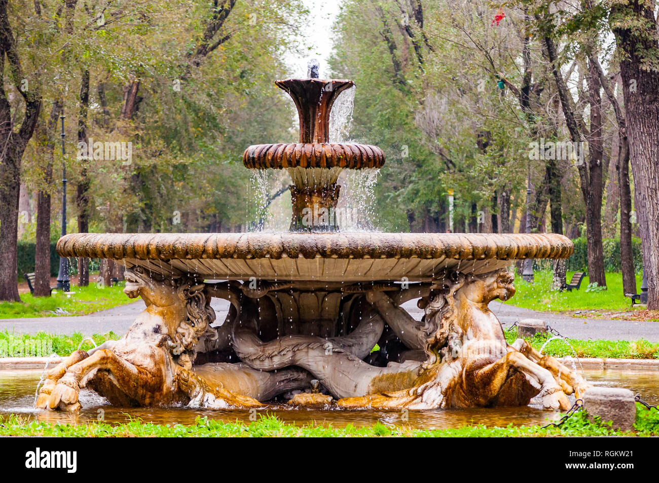 Rom, Italien, 19. November 2018: 18. Jahrhundert Fontana Dei Cavalli Marini steht in der Mitte eines runden Platz, der von Bäumen und Gehwege umgeben, Über Stockfoto