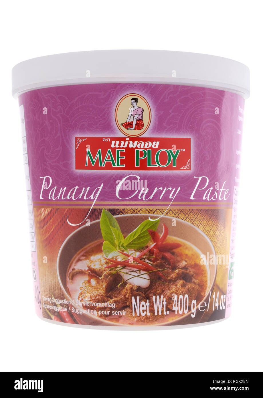 Whirlpool von Mae Trick Panang Curry Paste auf weißem Hintergrund Stockfoto