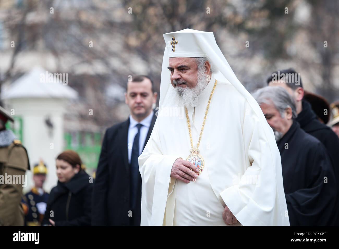 Bukarest, Rumänien - Januar 24, 2019: Rumänisch-orthodoxen Patriarchen Daniel Teil nimmt bei einer Feier der Vereinigung der Fürstentümer Moldau ein Stockfoto