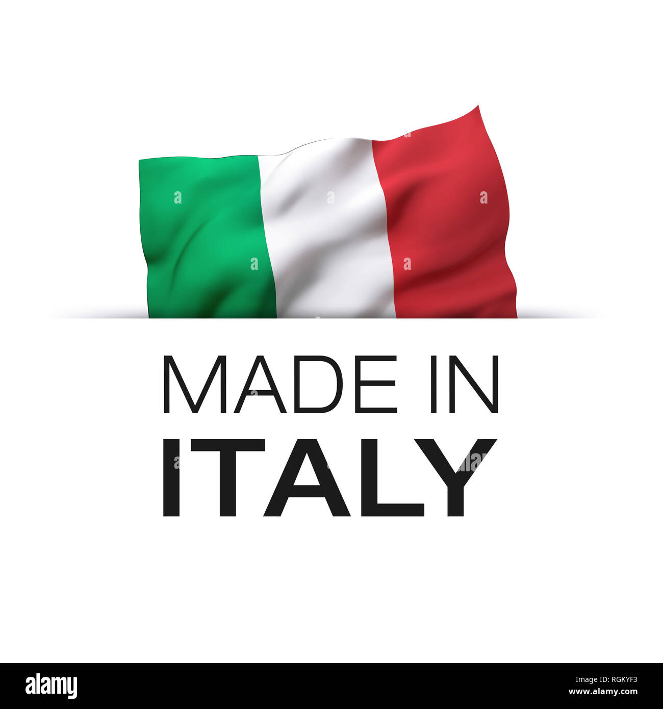 Made in Italy - Garantie label mit einem Winkenden italienischen Flagge. Stockfoto