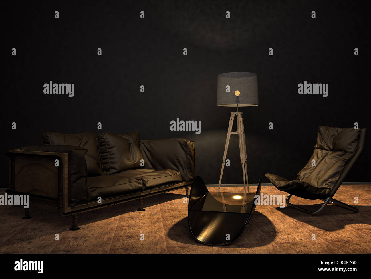 Ein handgearbeitetes Sofa und eine Lampe auf einem Grunge style Wand Hintergrund. Aus den Autositz zu bestellen. 3D-Darstellung. Stockfoto