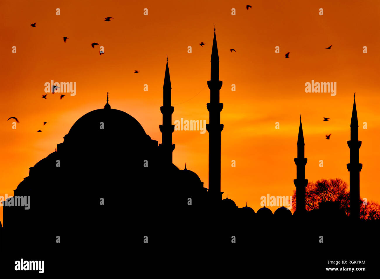 Silhouette der Süleymaniye-moschee bei Sonnenuntergang in Fatih, Istanbul, Türkei Stockfoto