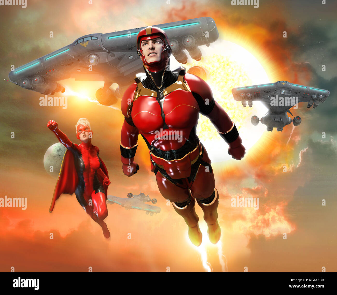 Super Heroes Szene 3D-Darstellung Stockfoto