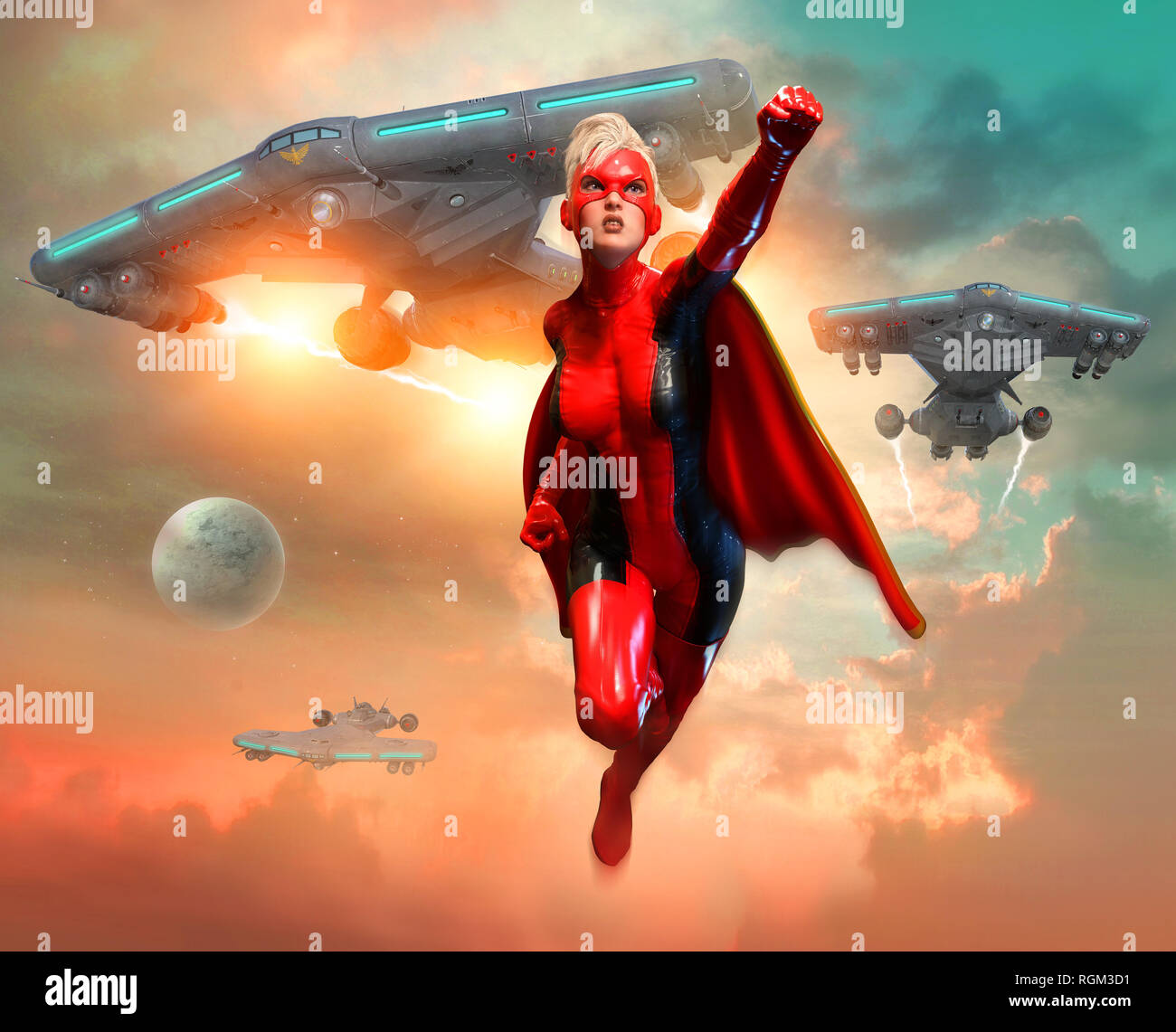 Superheldin Szene 3D-Darstellung Stockfoto