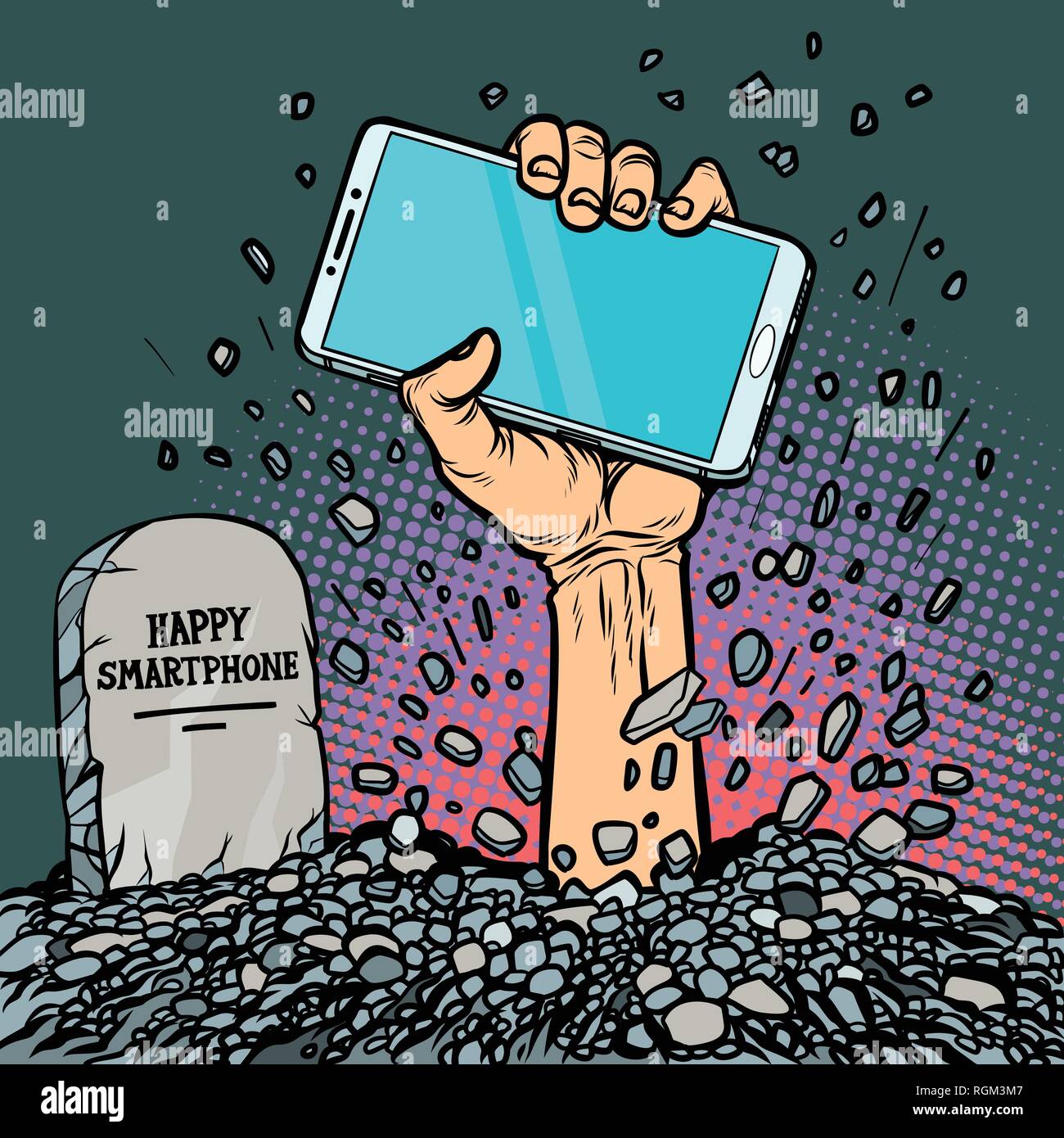 Glücklich smartphone. Zombie aus dem Grab. Comic cartoon Pop Art retro Vektor Grafik Handzeichnung Stock Vektor