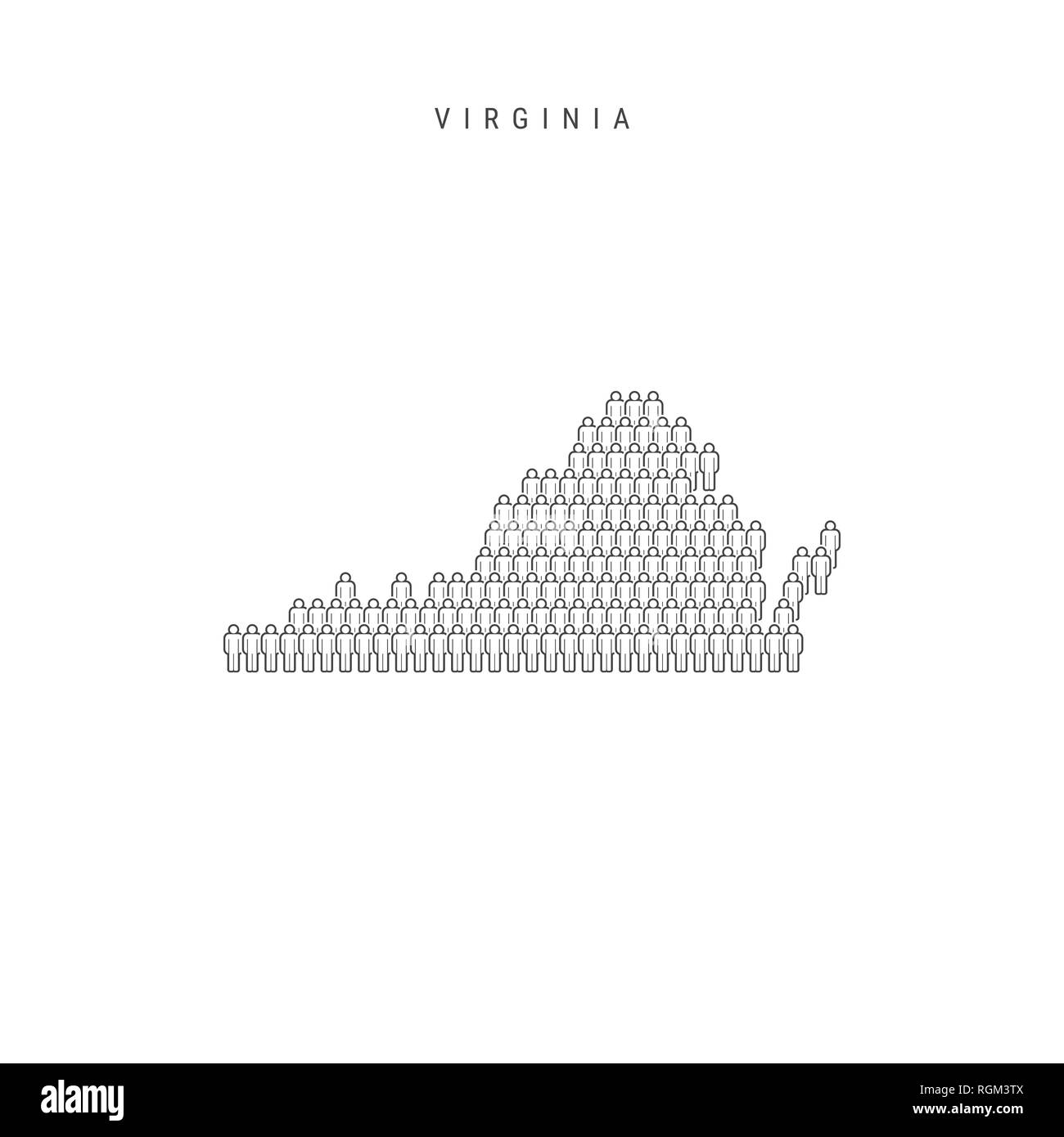 Leute Karte von Virginia, US-Staat. Stilisierte Silhouette, Leute in der Form einer Karte von Virginia. Virginia Bevölkerung. Abbildung isoliert auf W Stockfoto