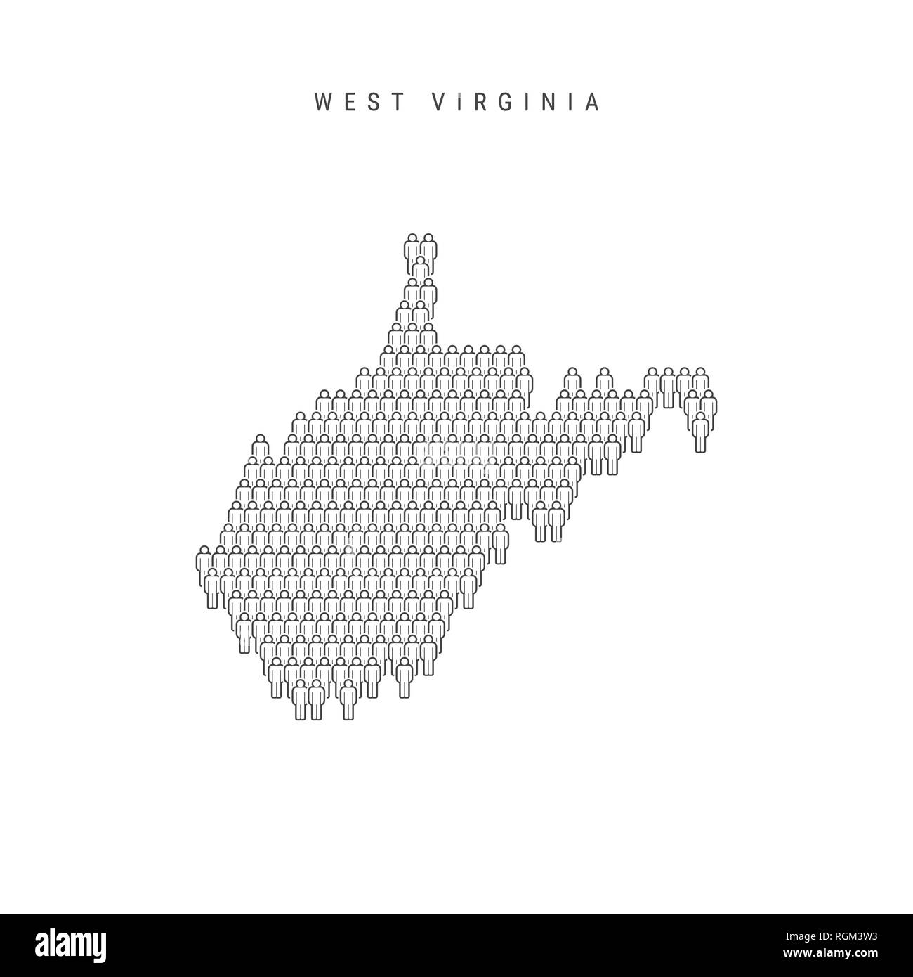 Leute Karte von West Virginia, US-Staat. Stilisierte Silhouette, Leute in der Form einer Karte von West Virginia. West Virginia Bevölkerung. Illustratio Stockfoto
