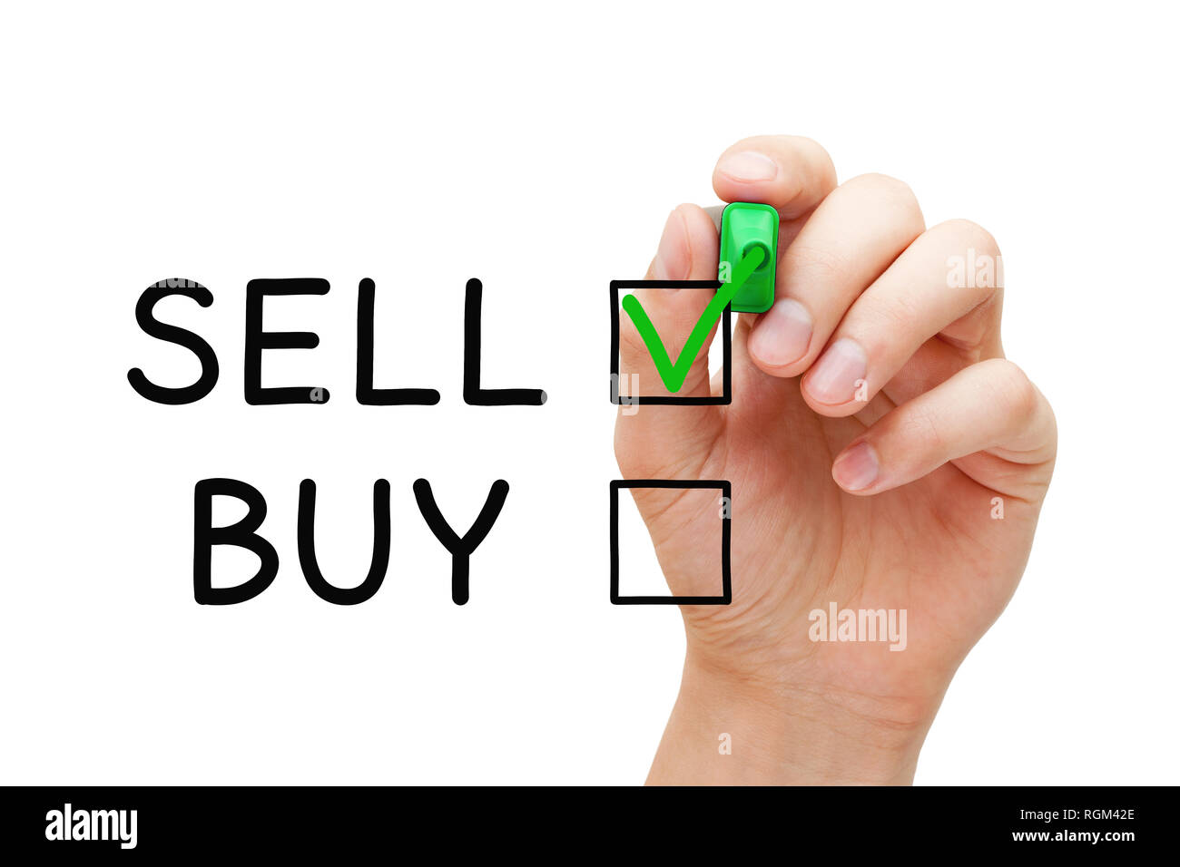 Hand grüne Häkchen auf Verkaufen Ausdruck der Wahl zu verkaufen nicht auf Transparenten zu kaufen Board abwischen. Stockfoto
