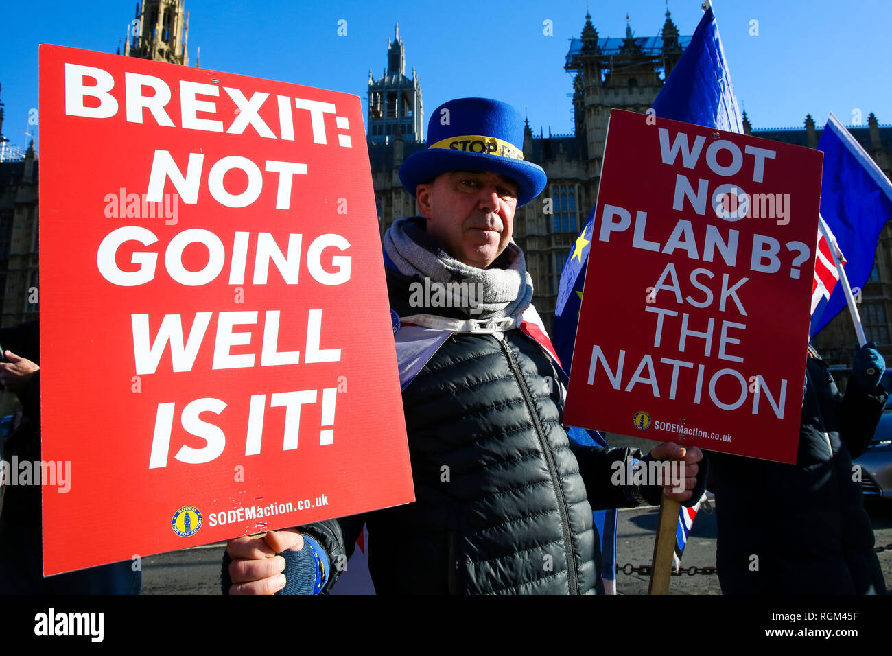 Steven Bray Gründer von sodem (Stand der Missachtung der Europäischen Bewegung) ist mit Plakaten während des Protestes gesehen. Anti-Brexit Aktivisten protestierten außerhalb der Häuser des Parlaments über Großbritannien die EU verlassen. Stockfoto