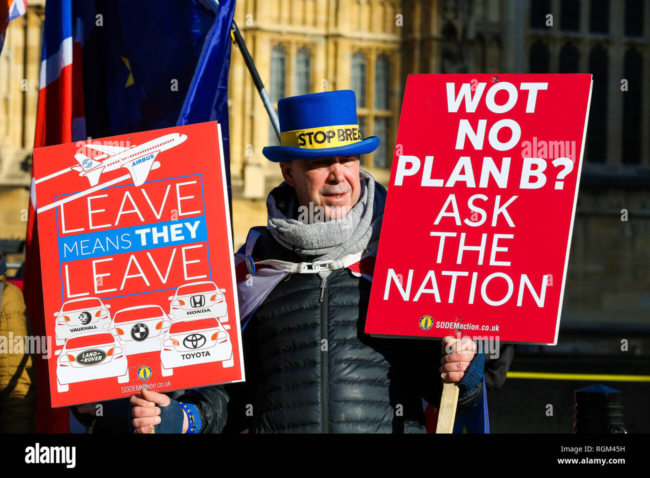 Steven Bray Gründer von sodem (Stand der Missachtung der Europäischen Bewegung) ist mit Plakaten während des Protestes gesehen. Anti-Brexit Aktivisten protestierten außerhalb der Häuser des Parlaments über Großbritannien die EU verlassen. Stockfoto