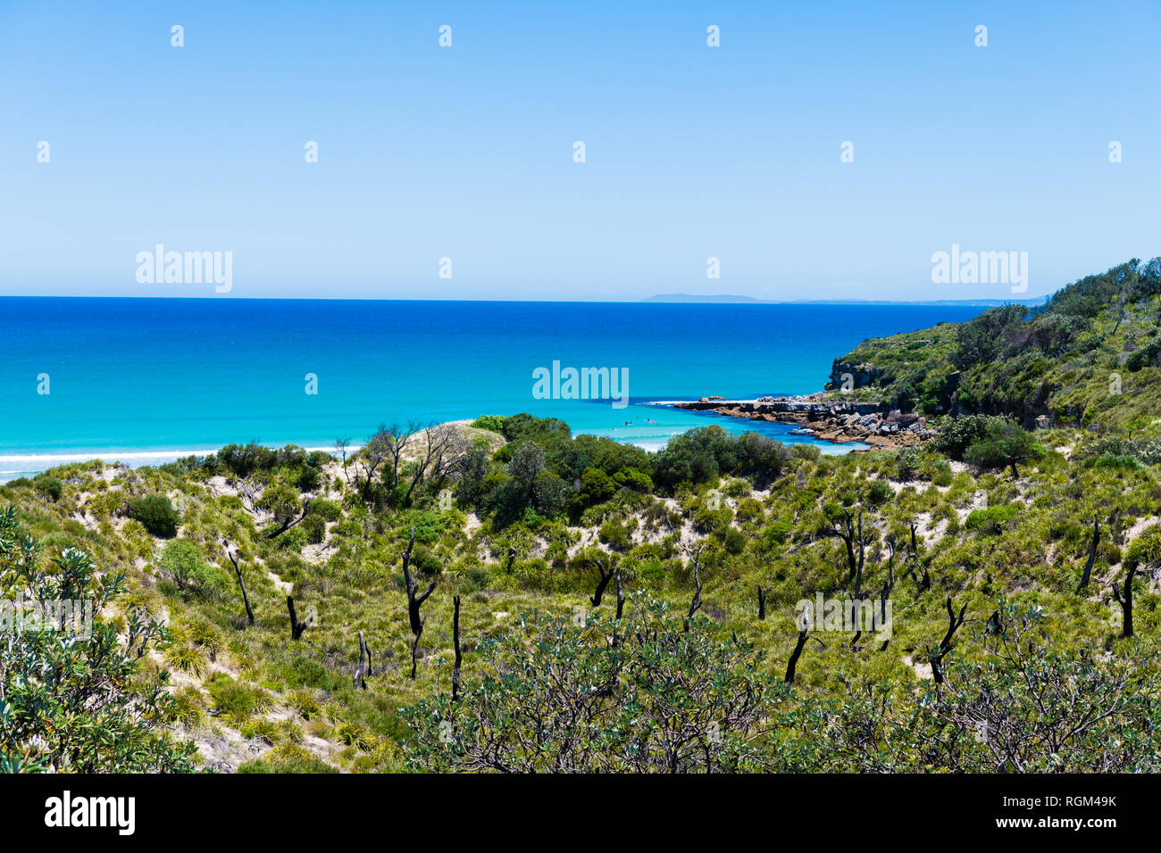 Landschaft Blick über Cave Beach in Jervis Bay, ein ruhiges Wochenende Ort surfen und Sonne zu genießen, booderee Nationalpark, NSW, Australien Stockfoto