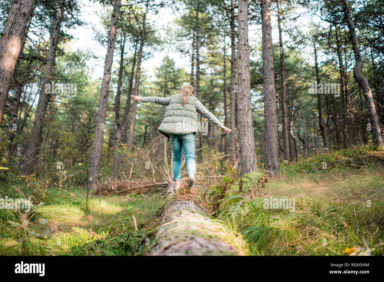 Kleines Mädchen Balancieren auf einem Baumstamm im Wald Stockfoto