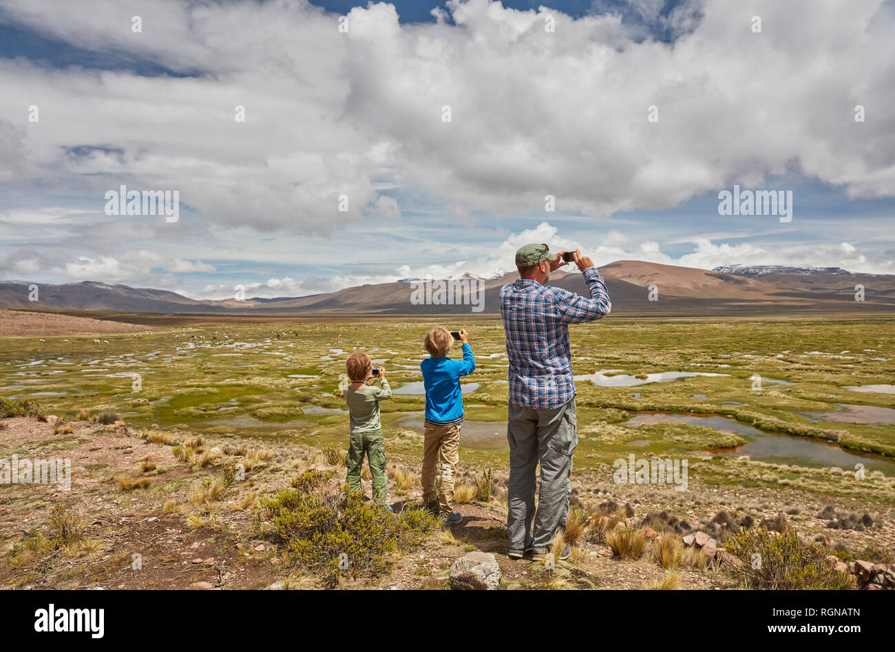Peru Chivay, Colca Canyon, Vater und Söhne, die Bilder von Landschaft Sumpf in den Anden Stockfoto