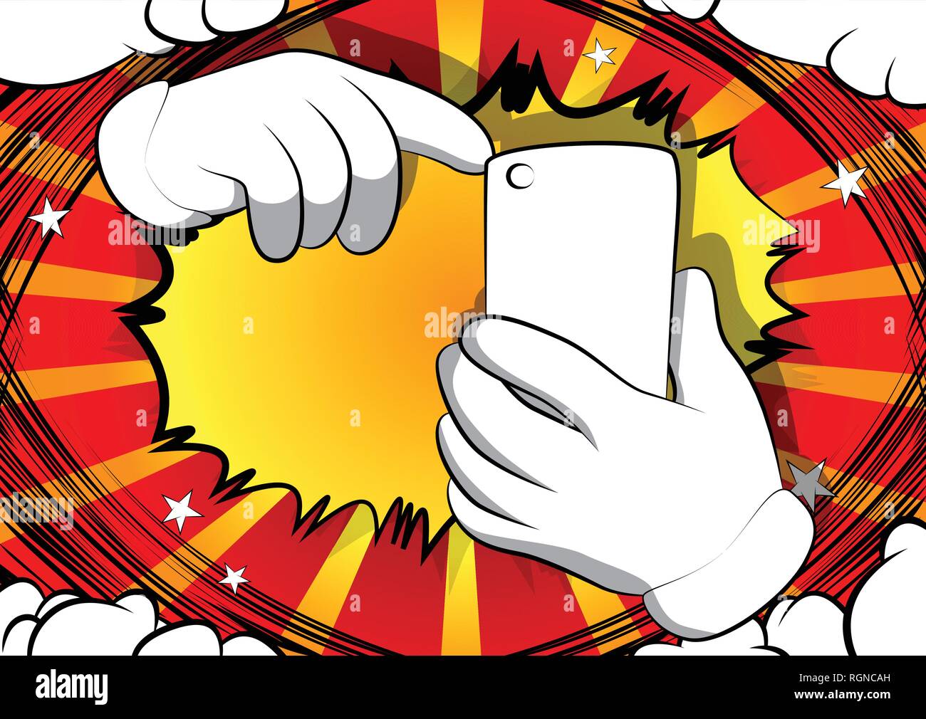 Vektor cartoon Hände über ein Mobiltelefon. Illustrierte hand Ausdruck, Geste auf Comic Hintergrund. Stock Vektor