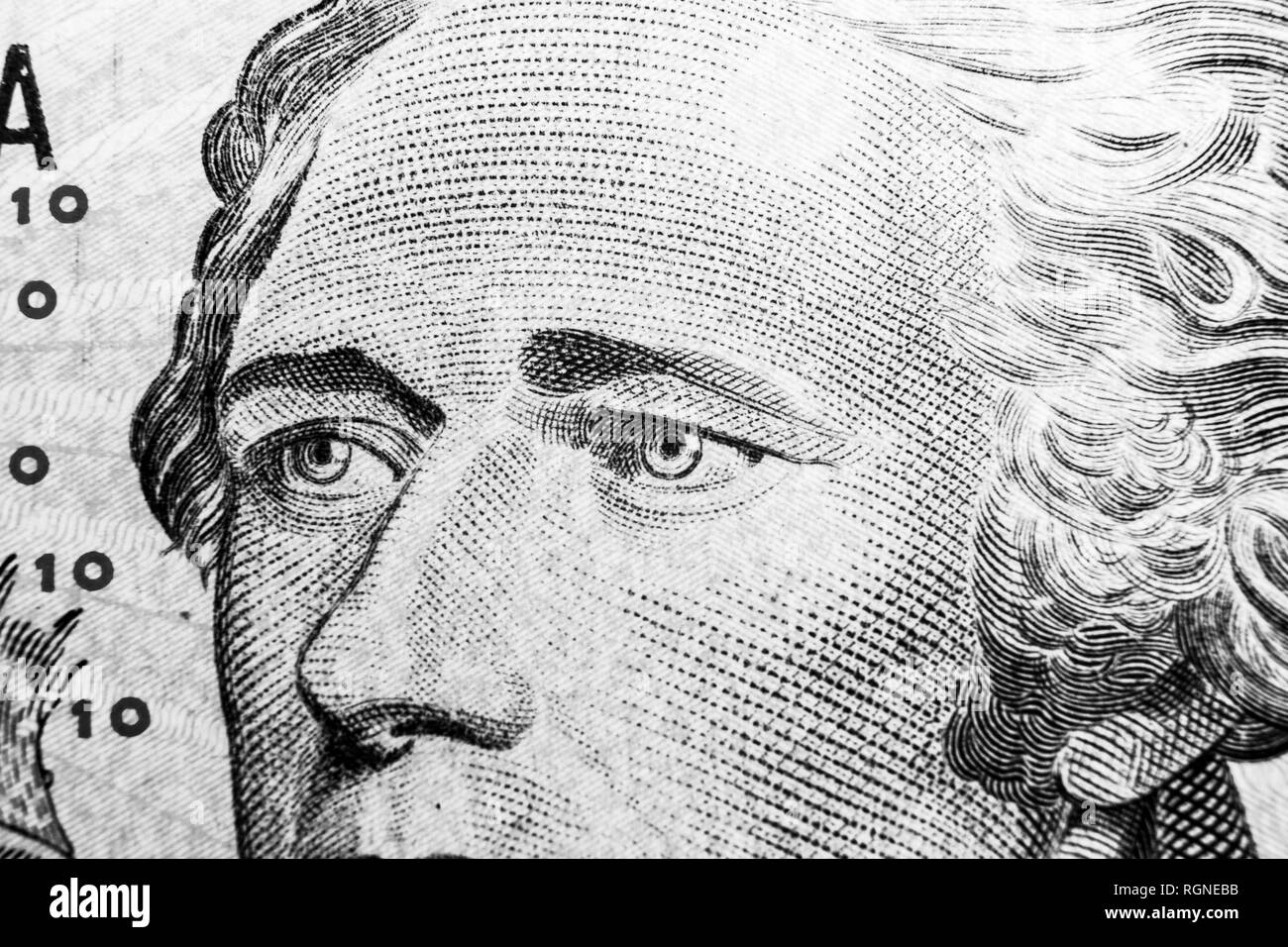 Nahaufnahme Portrait von Alexander Hamilton auf der einen 10-Dollar-Schein. Hintergrund des Geldes. 10 dollar Bill mit Alexander Hamilton Augen Makro sh Stockfoto