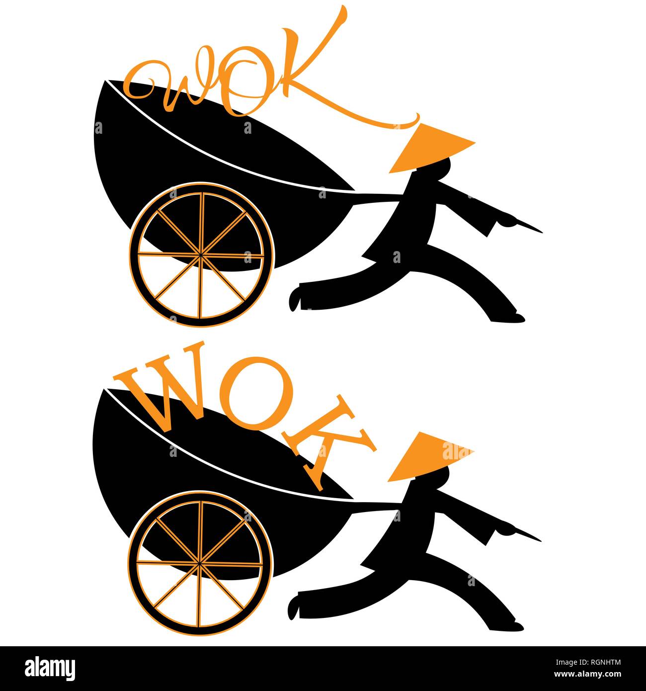 Logo Chinese Food Delivery Man läuft mit dem Wok und Wok auf Rädern Stock Vektor