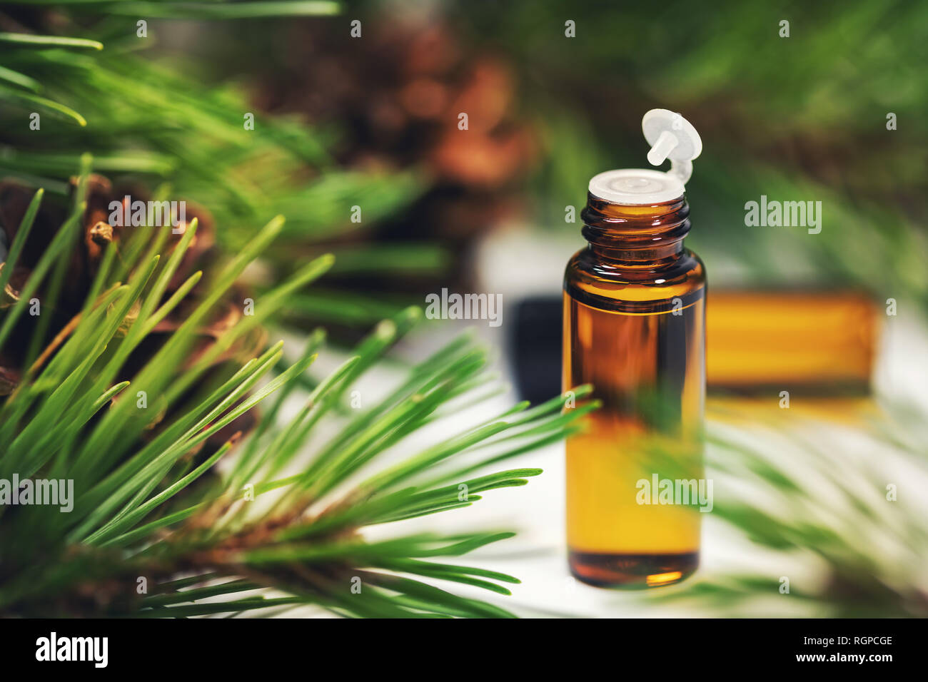 Nahaufnahme der Flasche mit Pine ätherisches Öl Stockfoto
