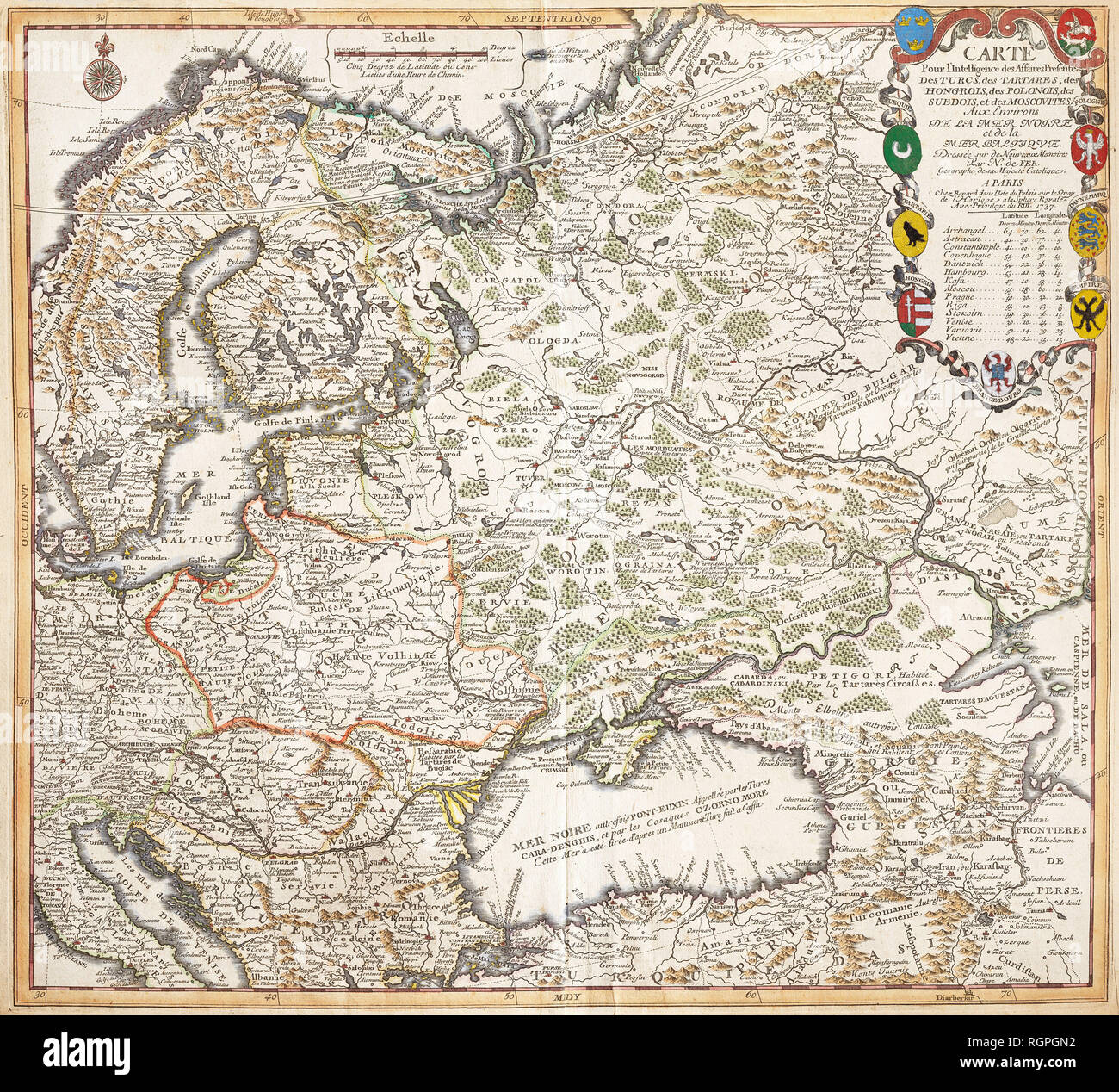 Karte für nachrichtendienstliche Angelegenheiten präsentiert die Türken, Tataren, Ungarn, Polen, Schweden und die Moskauer In der Umgebung von das Schwarze Meer und die Ostsee. Nicolas de Fer (Paris, 1737) Stockfoto