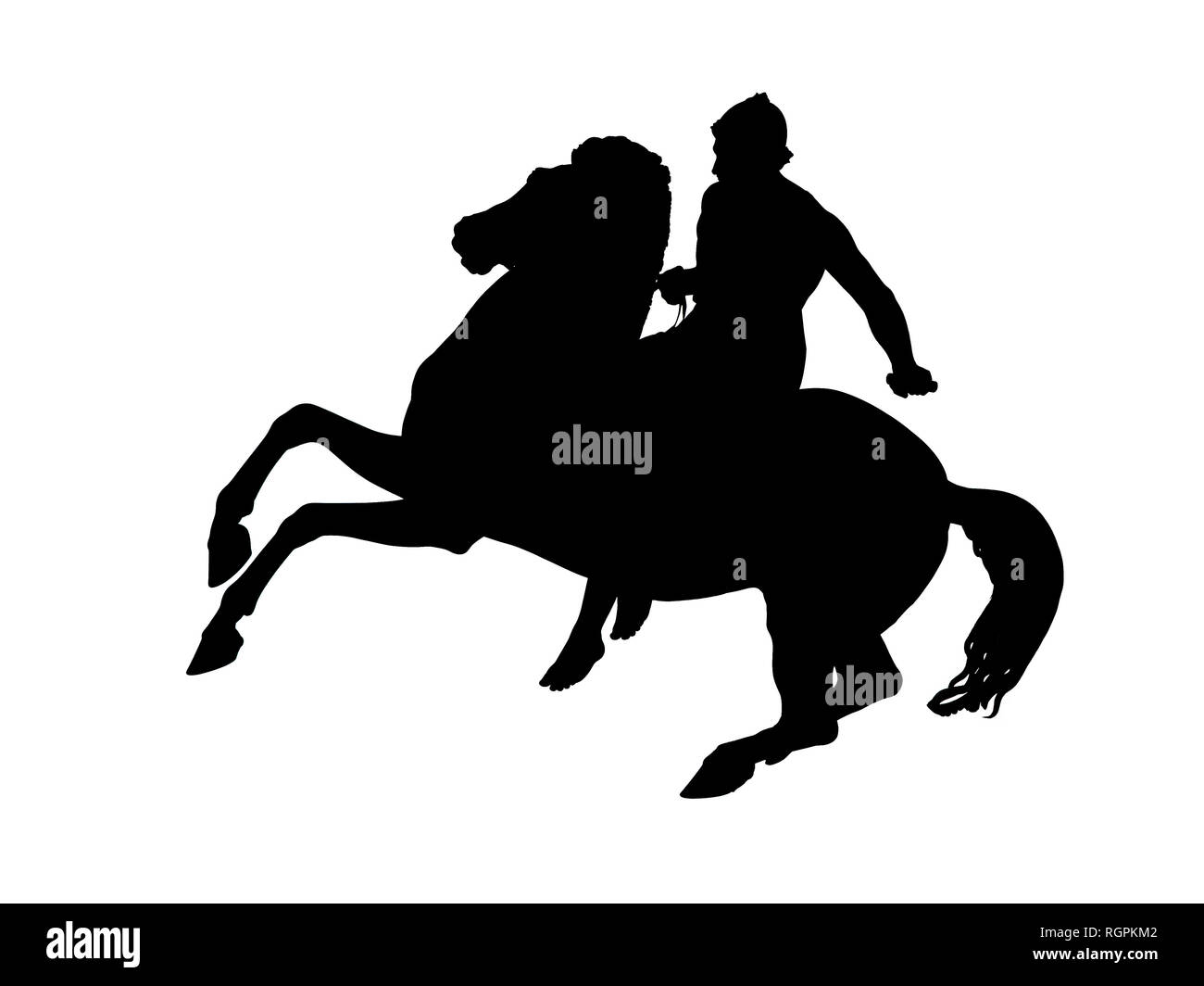 Schwarze Silhouette einer Reiterstatue isoliert auf einem weißen Hintergrund. Stockfoto