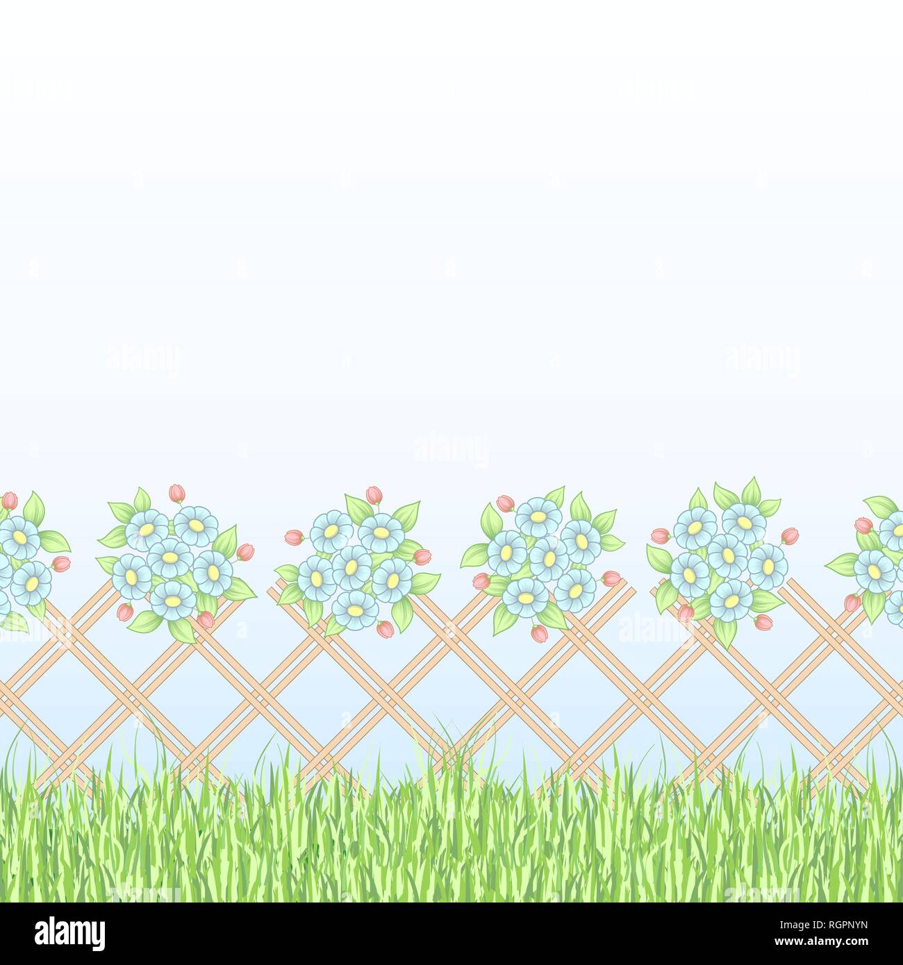 Hintergrund mit Zaun, grünes Gras und Gänseblümchen Blumensträuße Stock Vektor