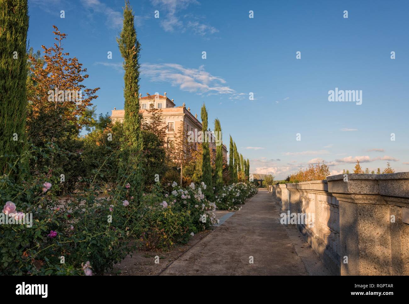 Ein Spanischer Garten Mit Blumen Am Rande Eines Weges Eine Wand