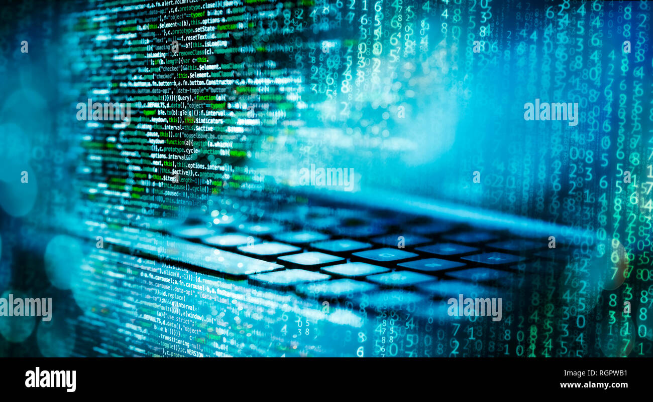 Programmierung Code mit Matrix-, Computer- und abstrakter Technischer Hintergrund in blau Stockfoto