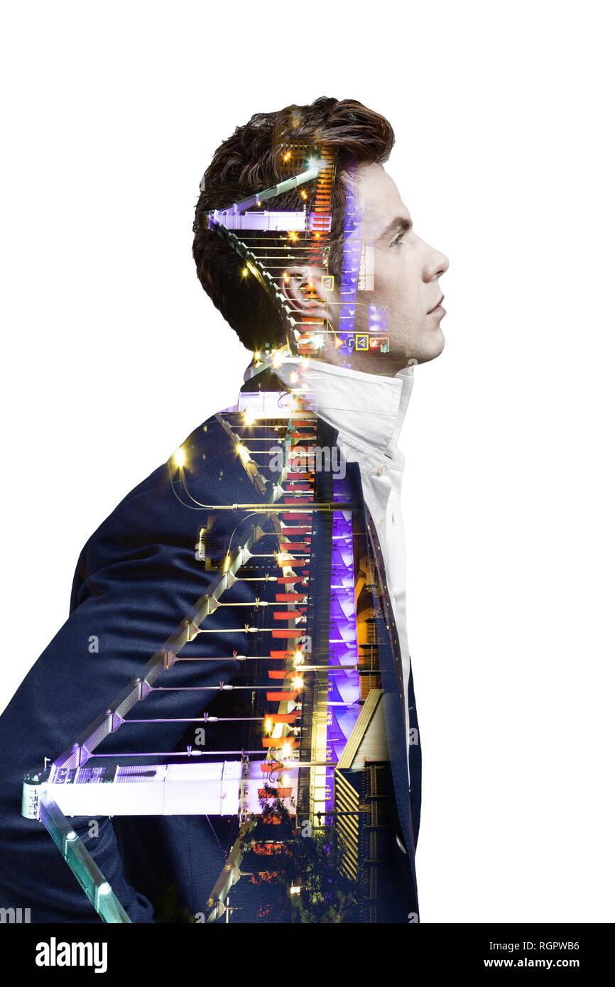 Double Exposure Effekt von Mann und Panoramablick auf die moderne Skyline der Stadt. Business Konzept, Information, Kommunikation, Anschlusstechnik. Stockfoto