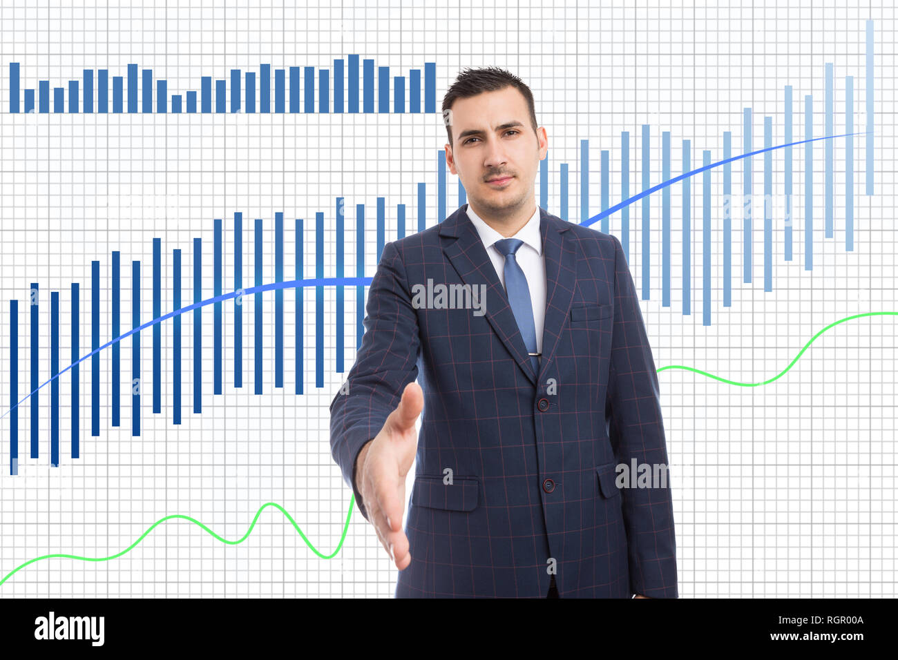 Ernsthafte Broker bietet Handshake als Steigerung der Business Börse Charts mit weißem Hintergrund als Business Konzept Stockfoto