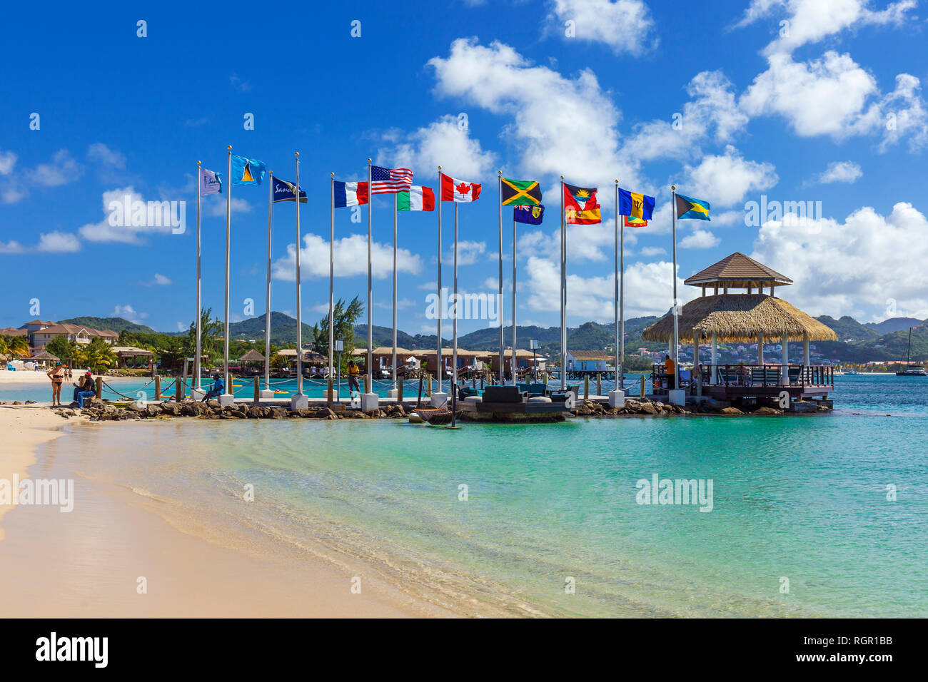 Sandals Beach, Pigeon Island, Rodney Bay, Gros Islet, St. Lucia, Karibik. Stockfoto