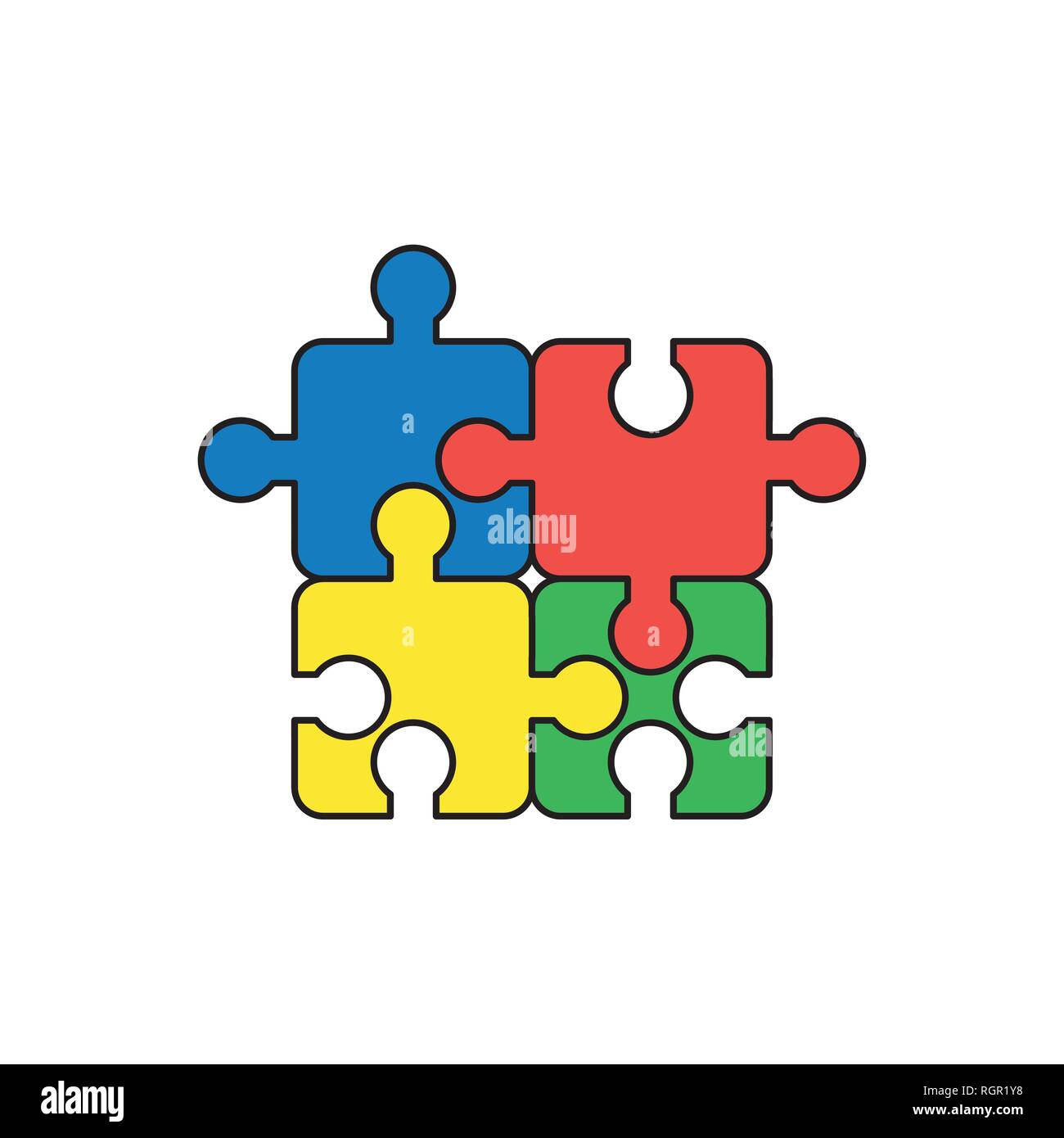 Flaches Design Stil Vector Illustration Konzept der Puzzle Stück Symbol Symbole auf dem weißen Hintergrund verbunden. Farbigen, schwarzen Umrissen. Stock Vektor