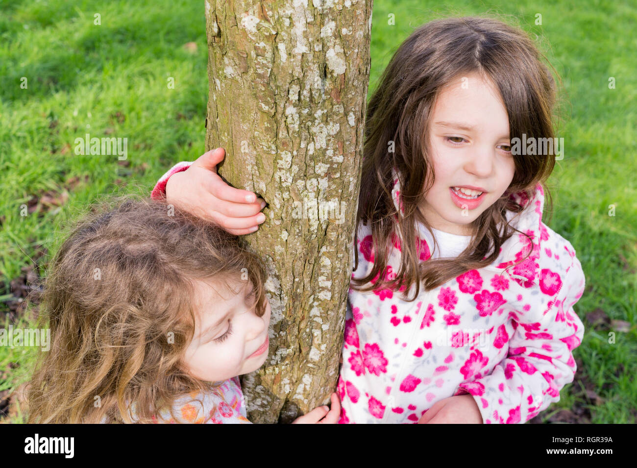 Junge Schwestern Vorschulkinder zusammen draußen im Park Stockfoto