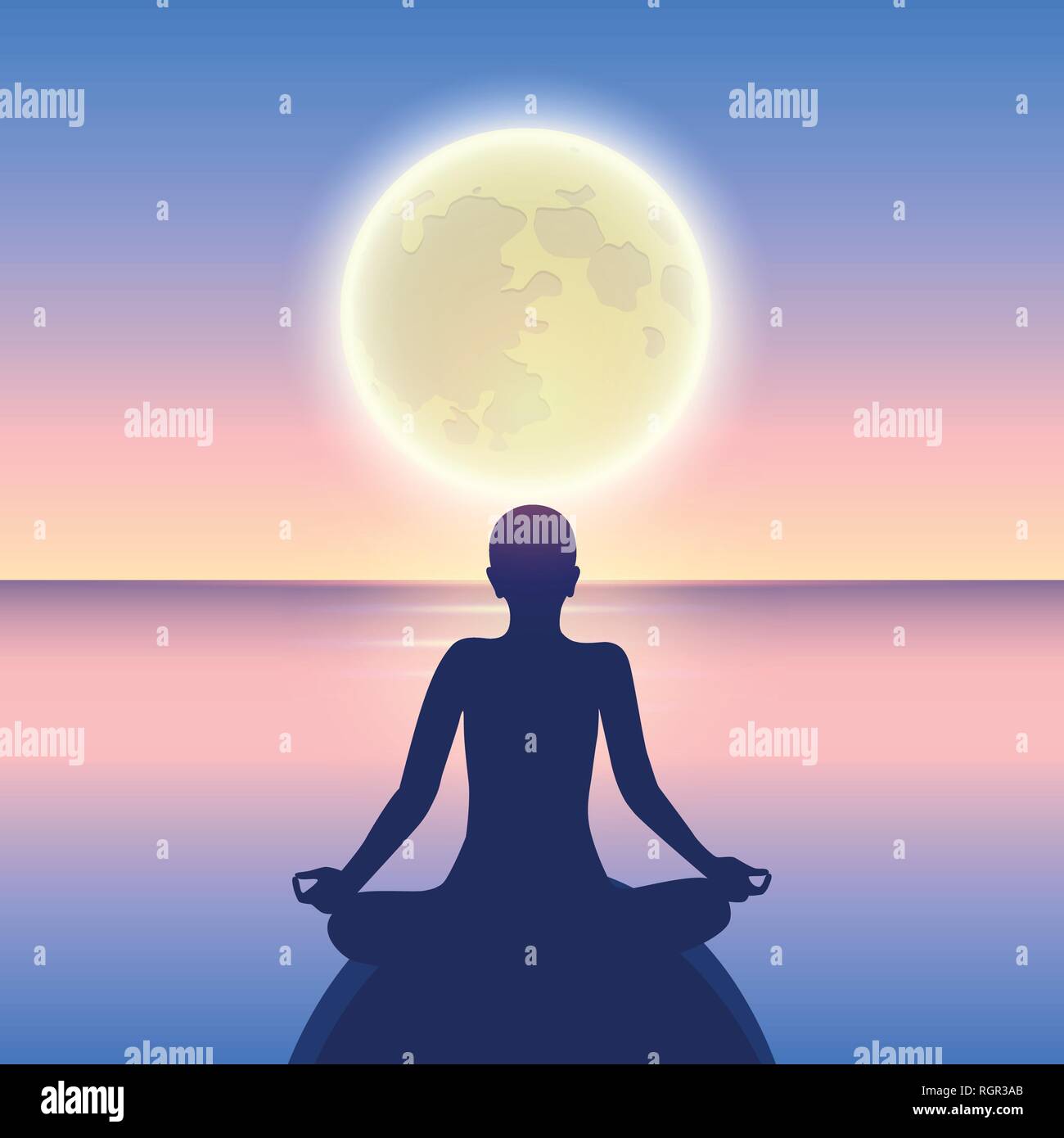 Friedlichen Meditation auf einem ruhigen See bei Mondschein Vektor-illustration EPS 10. Stock Vektor