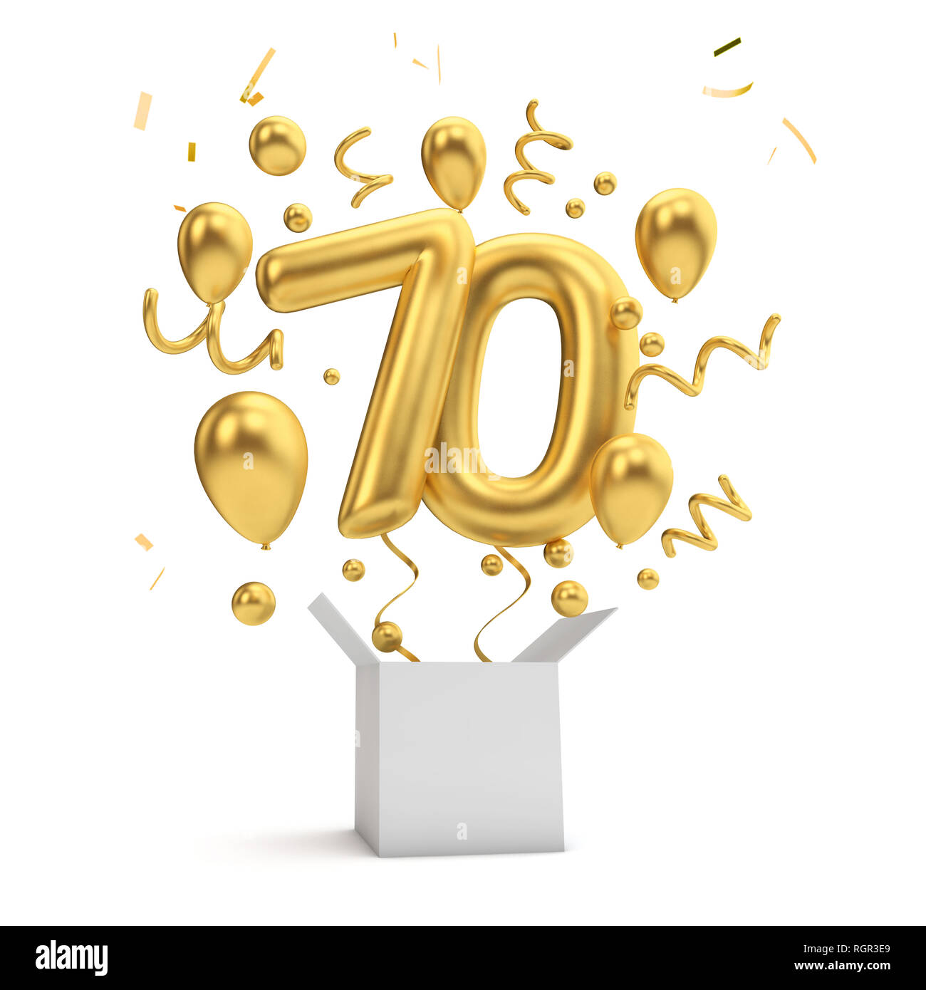 Happy 70th birthday Gold überraschung Ballon und Box. 3DRendering