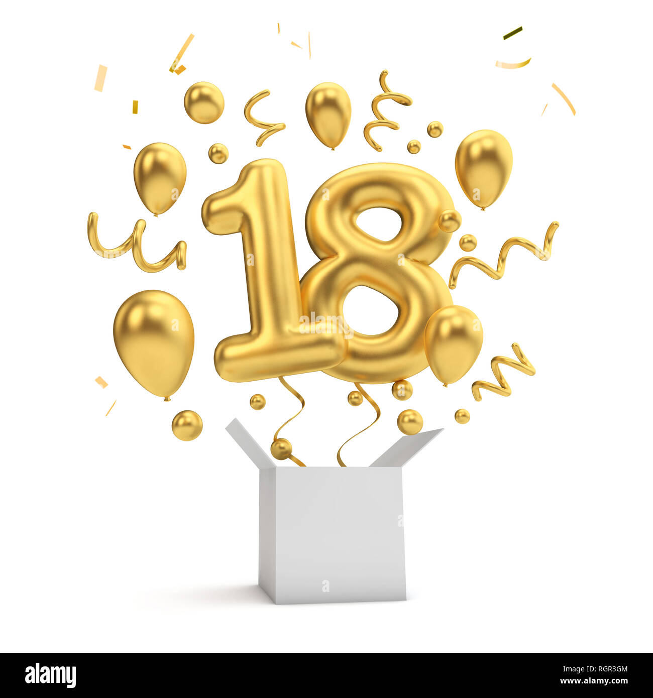 Glücklich 18. Geburtstag gold Überraschung Ballon und Box. 3D-Rendering  Stockfotografie - Alamy