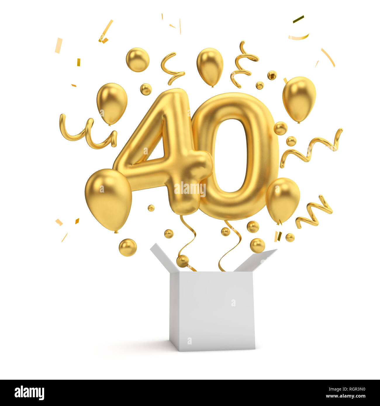 Happy 40th birthday Gold überraschung Ballon und Box. 3D-Rendering Stockfoto