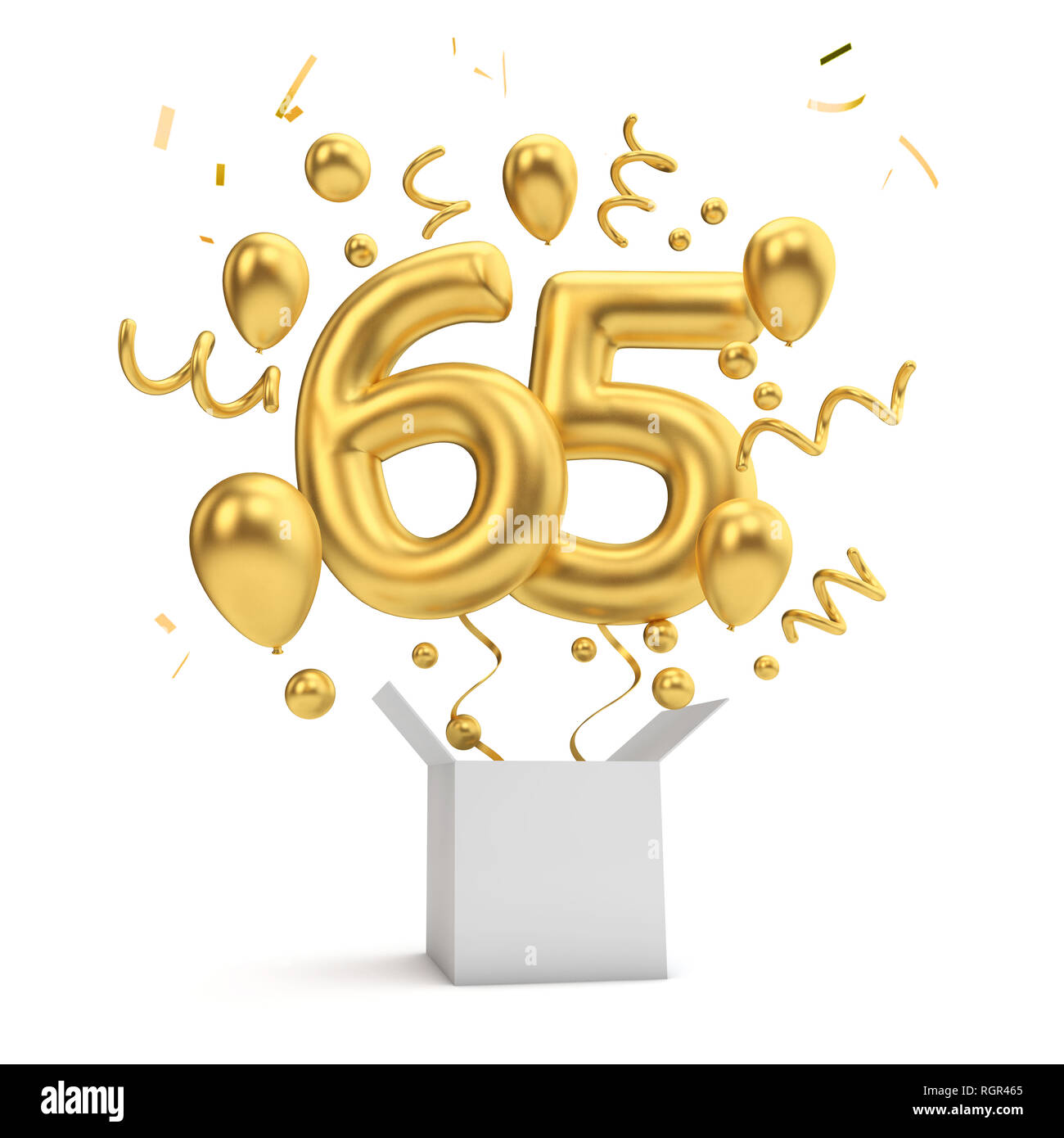 Happy 65th birthday Gold überraschung Ballon und Box. 3D-Rendering Stockfoto