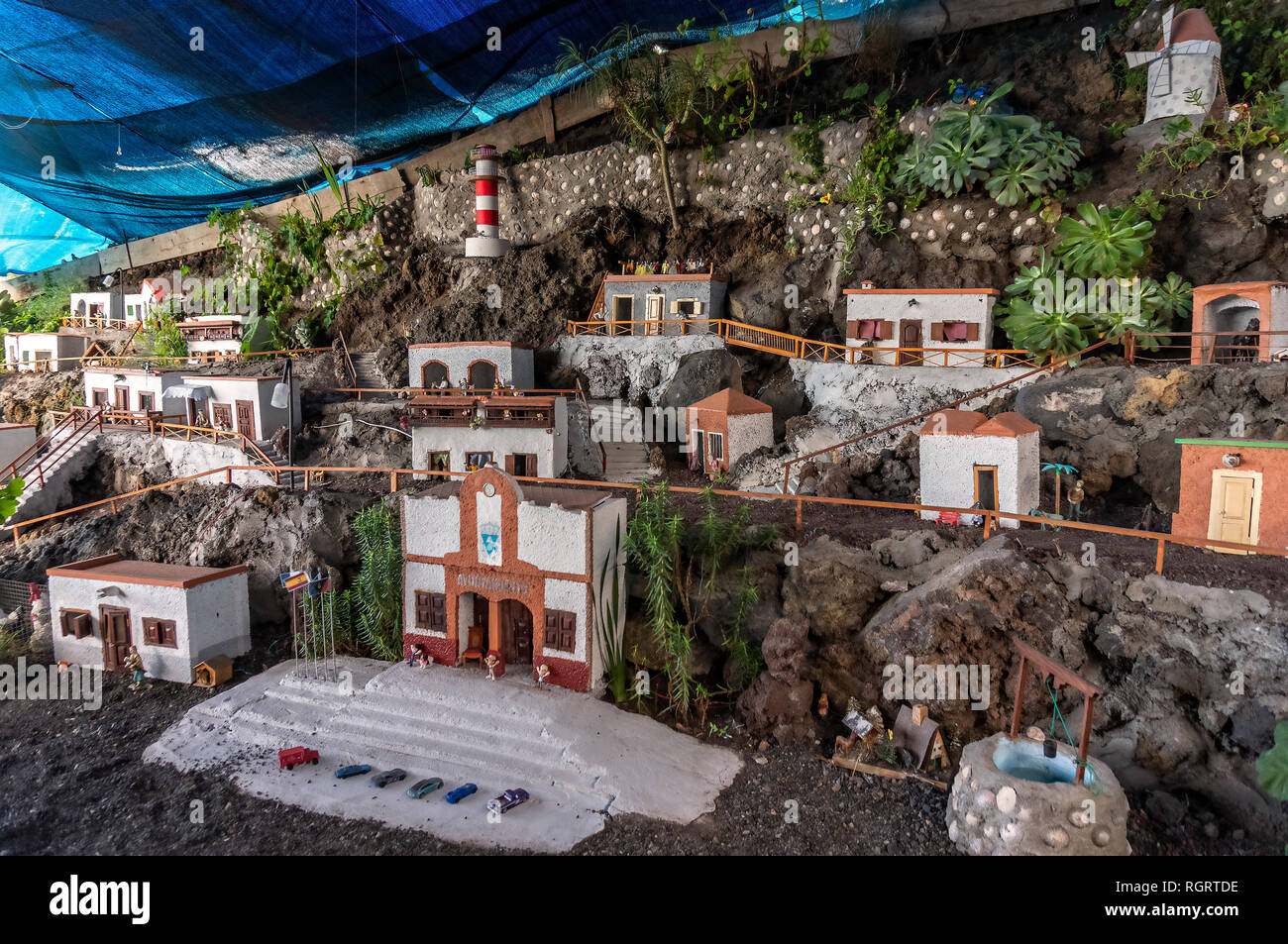 Krippe mit Nachbildungen von lokalen Gebäude in Las Indias auf La Palma mit ihren Stolz Builder. Nur redaktionelle Verwendung Stockfoto