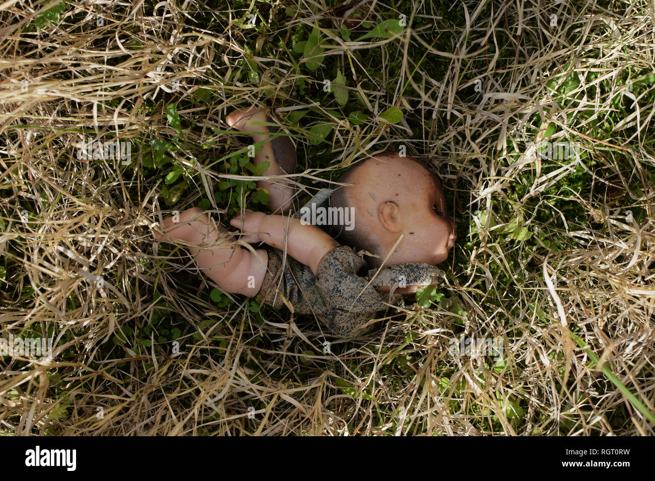 Alte Puppe verbrannt unter Gras in den Wäldern. Stockfoto