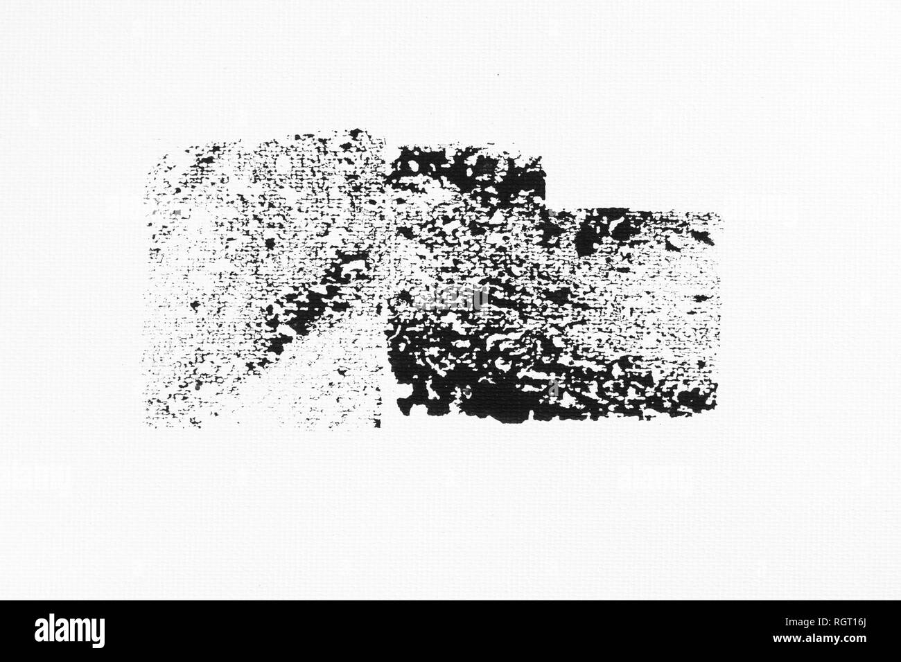 Abstrakte schwarze Tinte spritzen auf weißem Papier. Grunge texturierte für abstrakte Standardvorlage. Schwarze Flüssigkeit spritzte auf weißem Hintergrund. Stockfoto