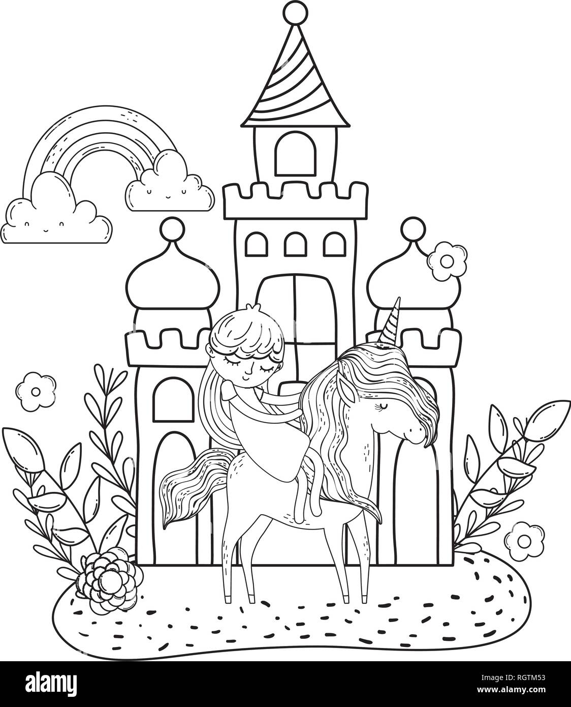Einhorn und Prinzessin im Schloss mit Regenbogen Stock ...