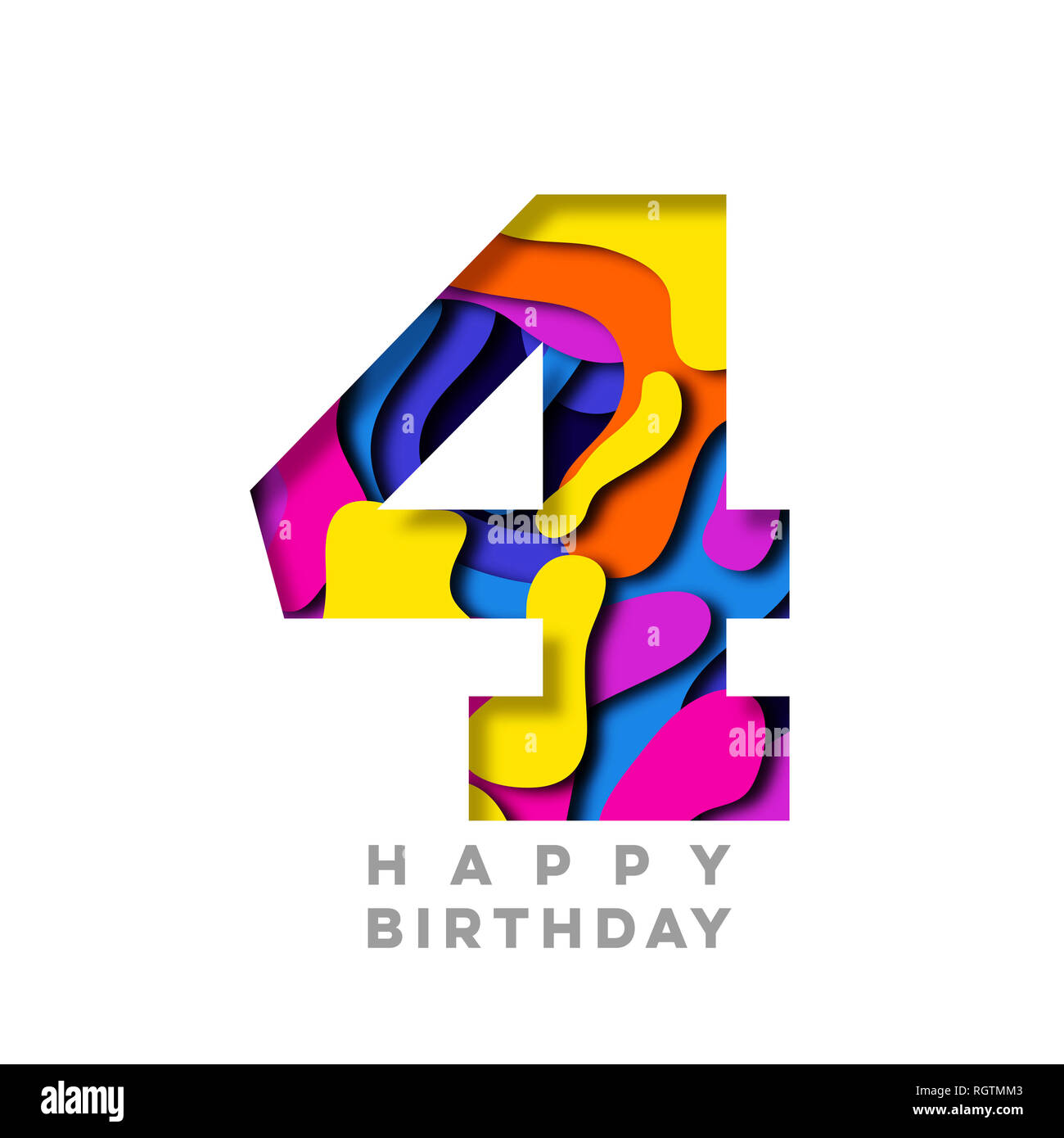 Nummer 4 Happy Birthday bunt Papier schneiden Sie Design Stockfoto