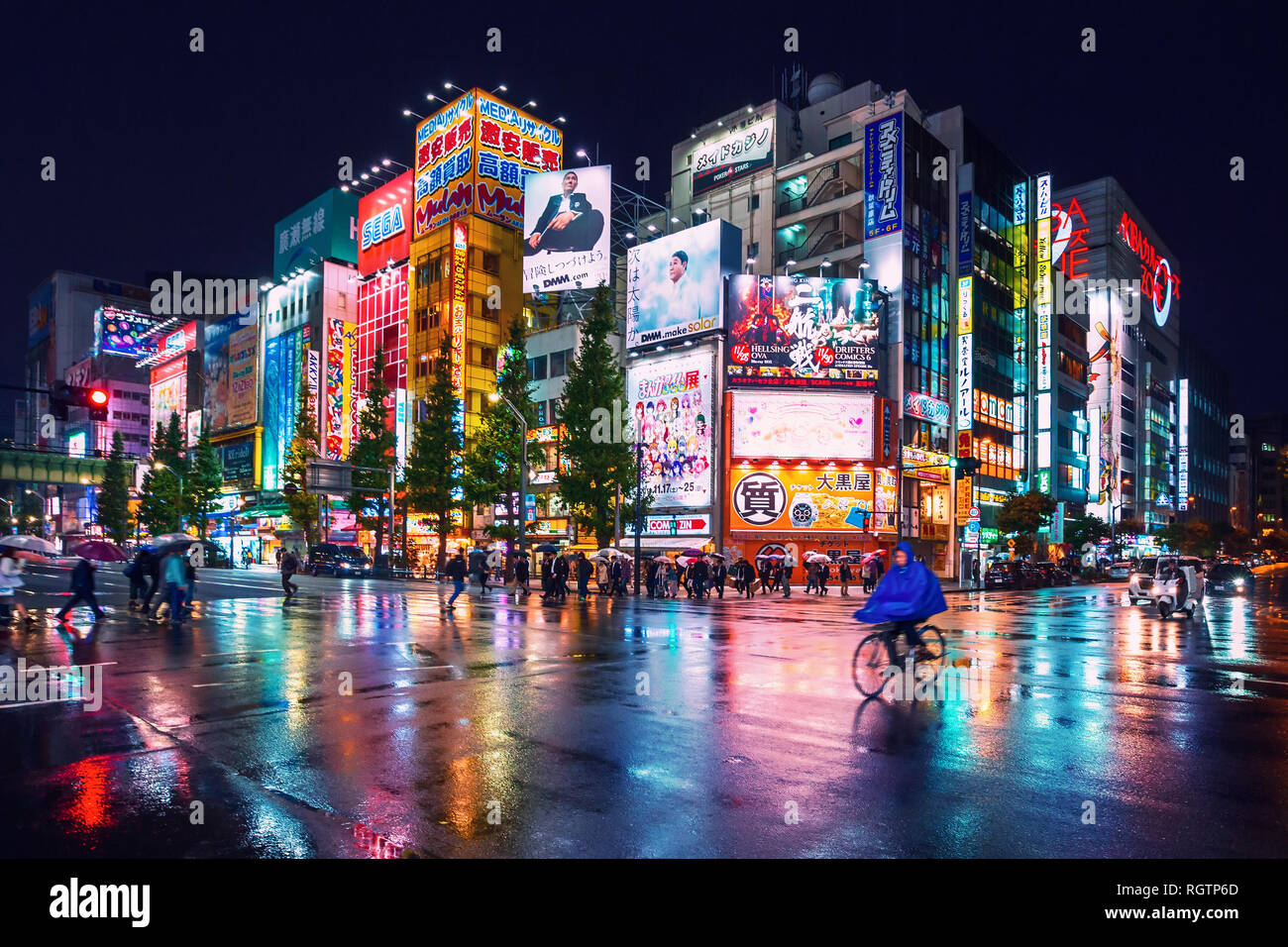 Neonröhren und Reklametafeln Werbung auf Gebäuden in Akihabara bei regnerischen Nacht, Tokio, Japan Stockfoto