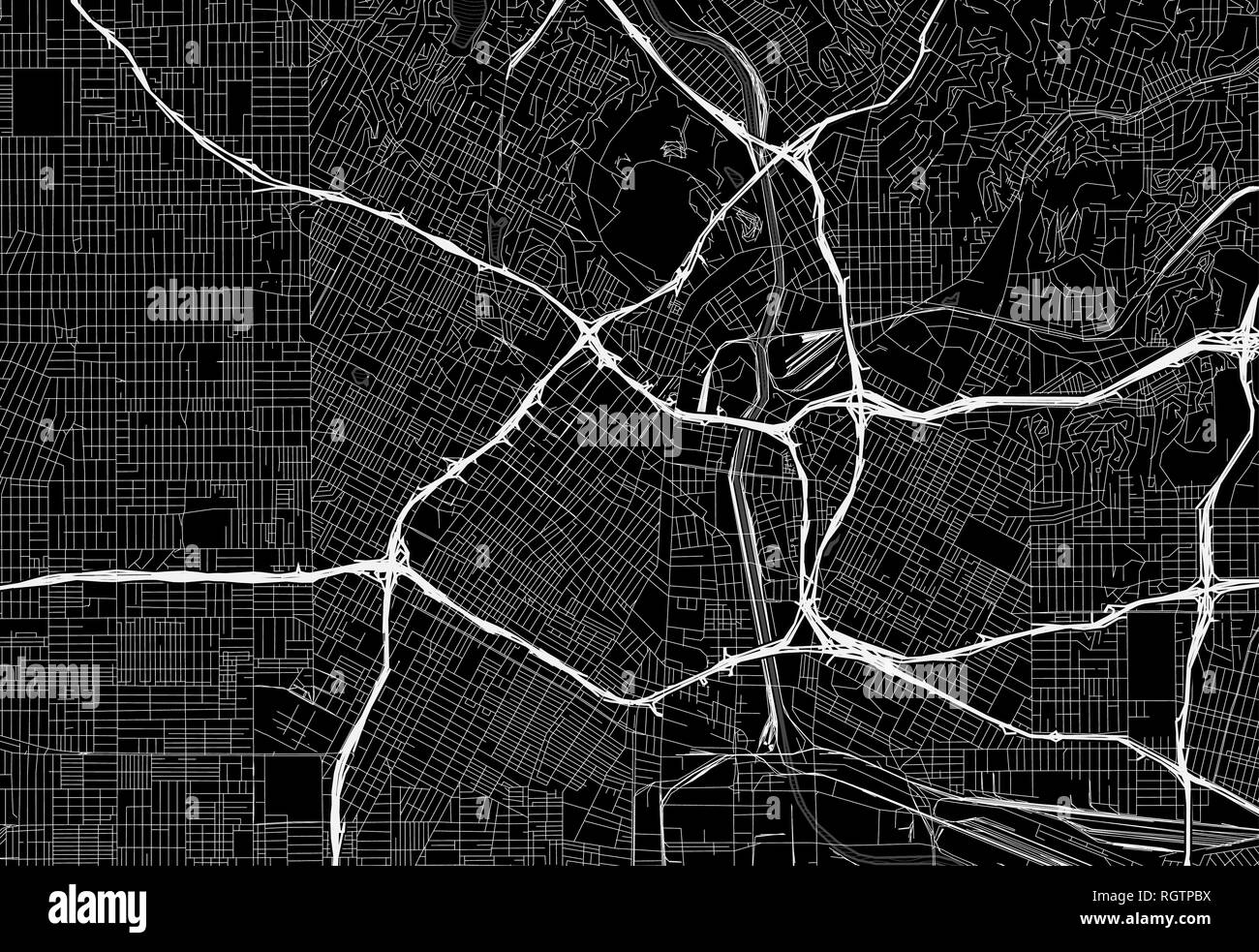 Schwarze Karte von Downtown Los Angeles, USA Dieser Vektor artmap ist als dekorativer Hintergrund oder eine einmalige Reise Zeichen erstellt. Stock Vektor